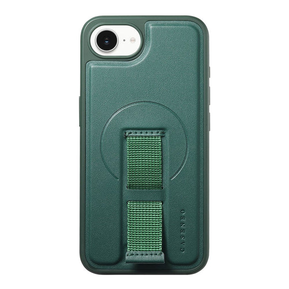 iPhone 17e / 16e Hårdt Plastik Cover m. Kunstlæder Bagside & Fingerrem - MagSafe Kompatibel - Grøn