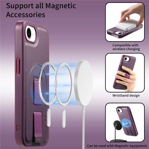 iPhone 17e / 16e Hårdt Plastik Cover m. Kunstlæder Bagside & Fingerrem - MagSafe Kompatibel - Lilla