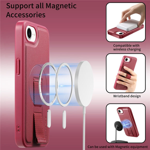iPhone 17e / 16e Hårdt Plastik Cover m. Kunstlæder Bagside & Fingerrem - MagSafe Kompatibel - Rød