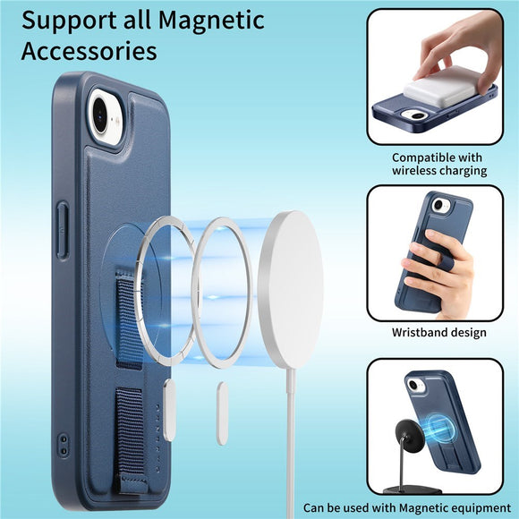 iPhone 17e / 16e Hårdt Plastik Cover m. Kunstlæder Bagside & Fingerrem - MagSafe Kompatibel - Blå
