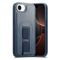 iPhone 16e Hårdt Plastik Cover m. Kunstlæder Bagside & Fingerrem - MagSafe Kompatibel - Blå