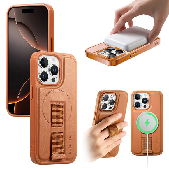 iPhone 13 Pro Hårdt Plastik Cover m. Kunstlæder Bagside & Fingerrem - MagSafe Kompatibel - Brun