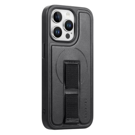 iPhone 13 Pro Hårdt Plastik Cover m. Kunstlæder Bagside & Fingerrem - MagSafe Kompatibel - Sort