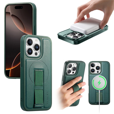 iPhone 13 Pro Hårdt Plastik Cover m. Kunstlæder Bagside & Fingerrem - MagSafe Kompatibel - Grøn