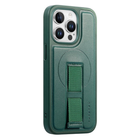 iPhone 13 Pro Hårdt Plastik Cover m. Kunstlæder Bagside & Fingerrem - MagSafe Kompatibel - Grøn