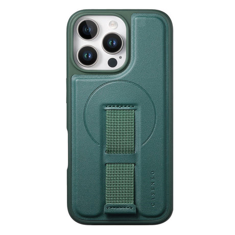 iPhone 13 Pro Hårdt Plastik Cover m. Kunstlæder Bagside & Fingerrem - MagSafe Kompatibel - Grøn