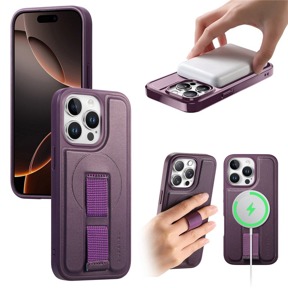 iPhone 13 Pro Hårdt Plastik Cover m. Kunstlæder Bagside & Fingerrem - MagSafe Kompatibel - Lilla