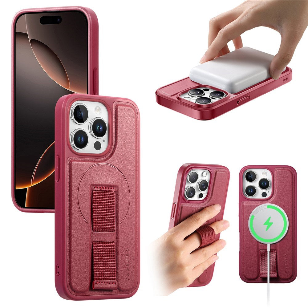 iPhone 13 Pro Hårdt Plastik Cover m. Kunstlæder Bagside & Fingerrem - MagSafe Kompatibel - Rød