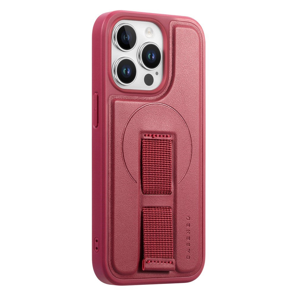 iPhone 13 Pro Hårdt Plastik Cover m. Kunstlæder Bagside & Fingerrem - MagSafe Kompatibel - Rød