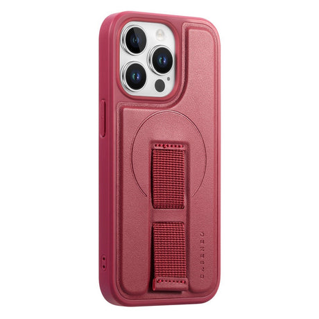 iPhone 13 Pro Hårdt Plastik Cover m. Kunstlæder Bagside & Fingerrem - MagSafe Kompatibel - Rød