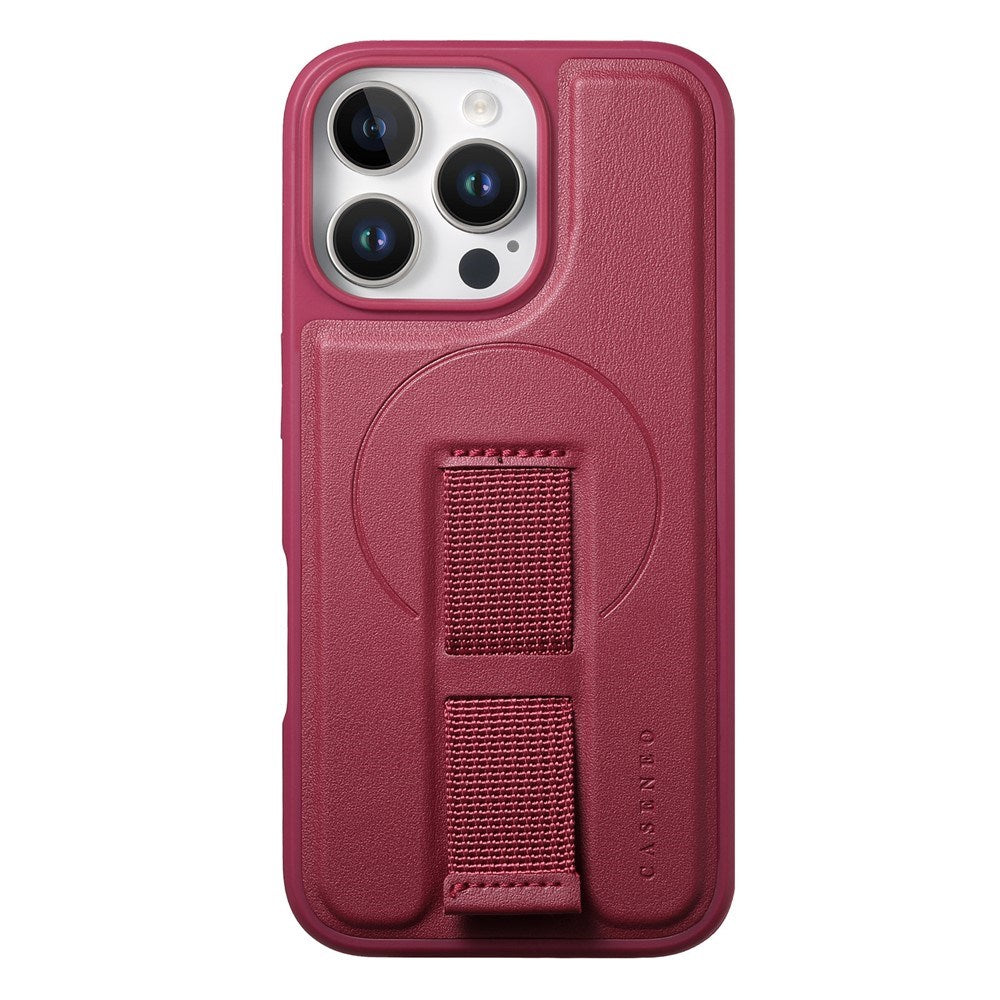 iPhone 13 Pro Hårdt Plastik Cover m. Kunstlæder Bagside & Fingerrem - MagSafe Kompatibel - Rød