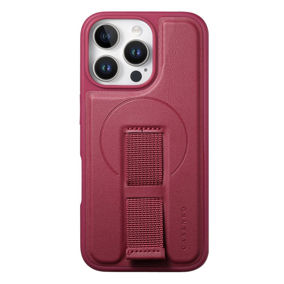 iPhone 13 Pro Hårdt Plastik Cover m. Kunstlæder Bagside & Fingerrem - MagSafe Kompatibel - Rød