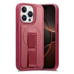 iPhone 13 Pro Hårdt Plastik Cover m. Kunstlæder Bagside & Fingerrem - MagSafe Kompatibel - Rød