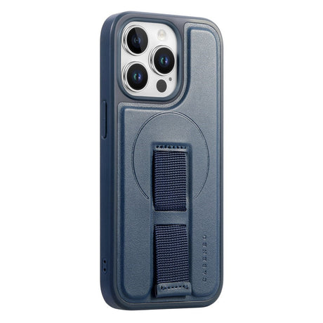 iPhone 13 Pro Hårdt Plastik Cover m. Kunstlæder Bagside & Fingerrem - MagSafe Kompatibel - Blå