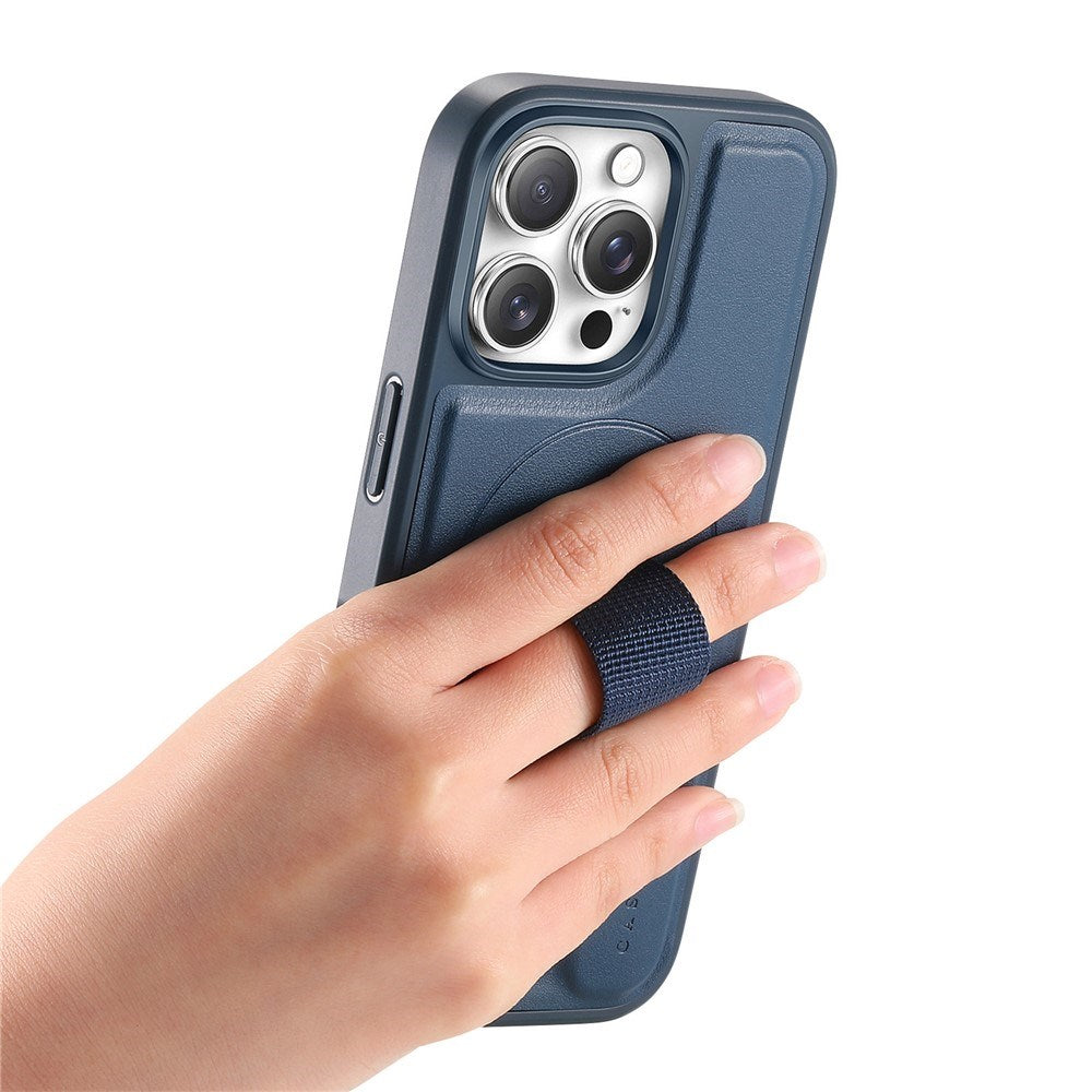 iPhone 13 Pro Hårdt Plastik Cover m. Kunstlæder Bagside & Fingerrem - MagSafe Kompatibel - Blå