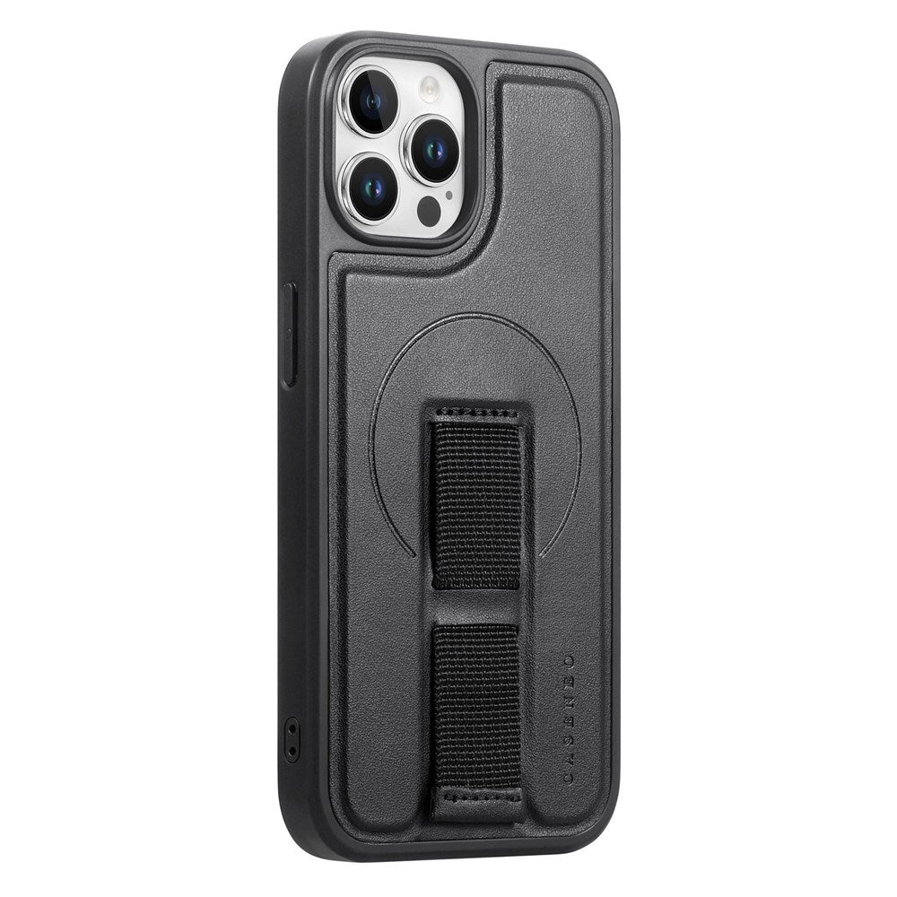 iPhone 12 / 12 Pro Hårdt Plastik Cover m. Kunstlæder Bagside & Fingerrem - MagSafe Kompatibel - Sort