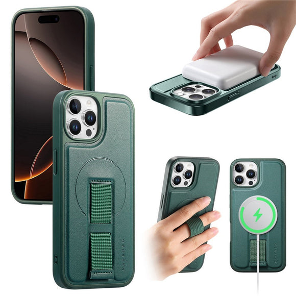 iPhone 12 / 12 Pro Hårdt Plastik Cover m. Kunstlæder Bagside & Fingerrem - MagSafe Kompatibel - Grøn