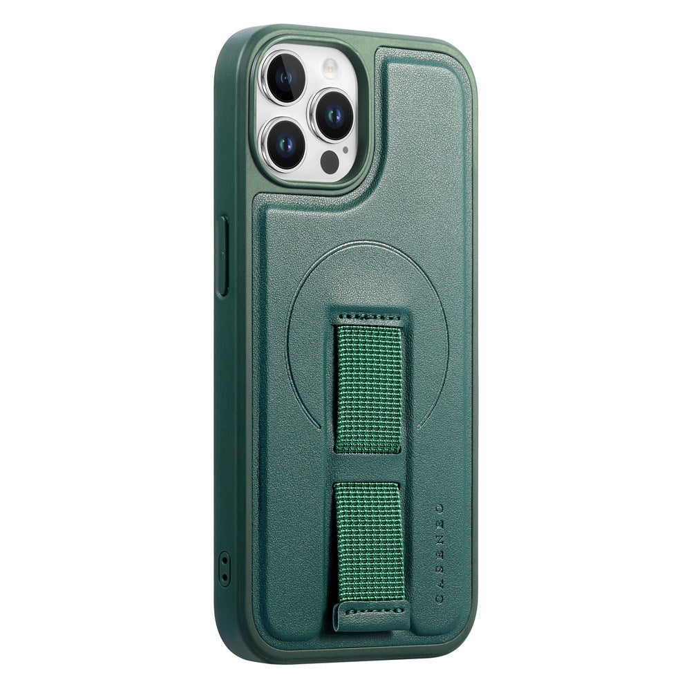 iPhone 12 / 12 Pro Hårdt Plastik Cover m. Kunstlæder Bagside & Fingerrem - MagSafe Kompatibel - Grøn