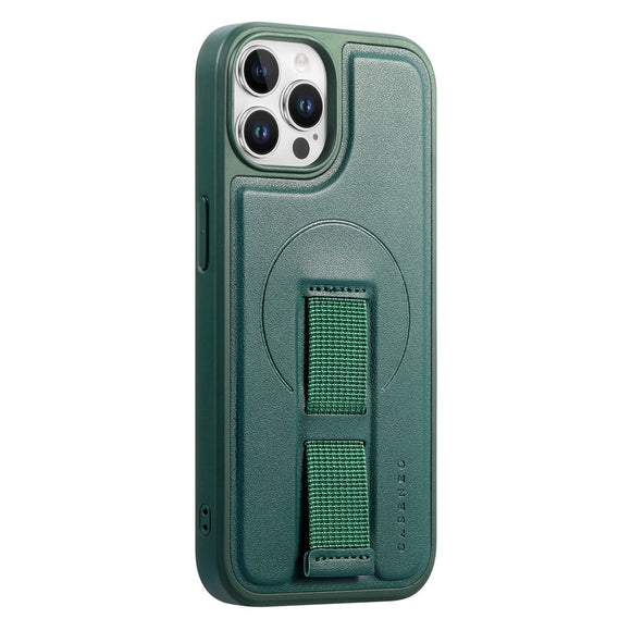 iPhone 12 / 12 Pro Hårdt Plastik Cover m. Kunstlæder Bagside & Fingerrem - MagSafe Kompatibel - Grøn