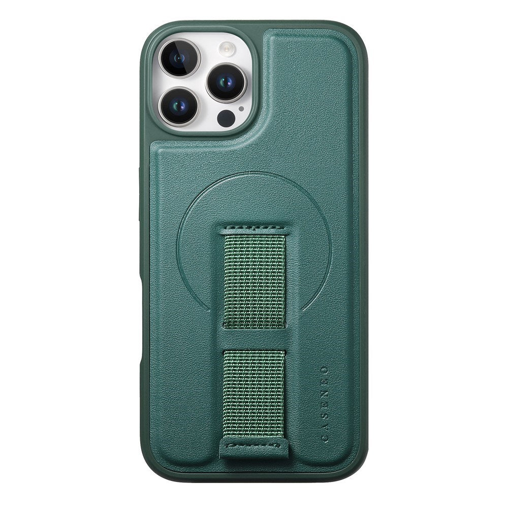 iPhone 12 / 12 Pro Hårdt Plastik Cover m. Kunstlæder Bagside & Fingerrem - MagSafe Kompatibel - Grøn