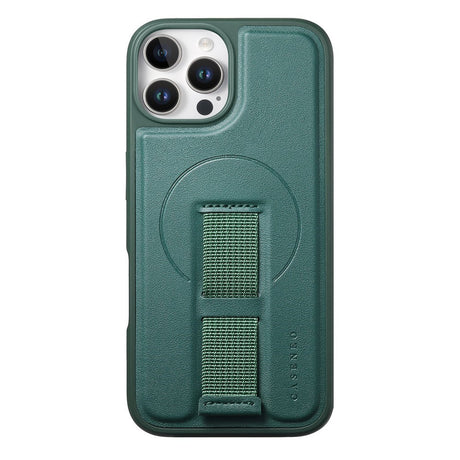 iPhone 12 / 12 Pro Hårdt Plastik Cover m. Kunstlæder Bagside & Fingerrem - MagSafe Kompatibel - Grøn
