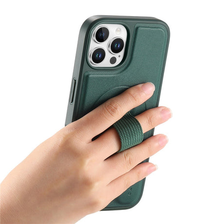 iPhone 12 / 12 Pro Hårdt Plastik Cover m. Kunstlæder Bagside & Fingerrem - MagSafe Kompatibel - Grøn
