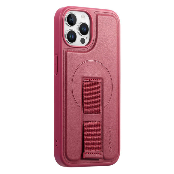 iPhone 12 / 12 Pro Hårdt Plastik Cover m. Kunstlæder Bagside & Fingerrem - MagSafe Kompatibel - Rød