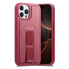 iPhone 12 / 12 Pro Hårdt Plastik Cover m. Kunstlæder Bagside & Fingerrem - MagSafe Kompatibel - Rød