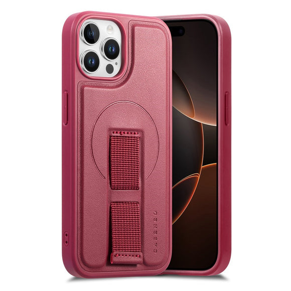 iPhone 12 / 12 Pro Hårdt Plastik Cover m. Kunstlæder Bagside & Fingerrem - MagSafe Kompatibel - Rød