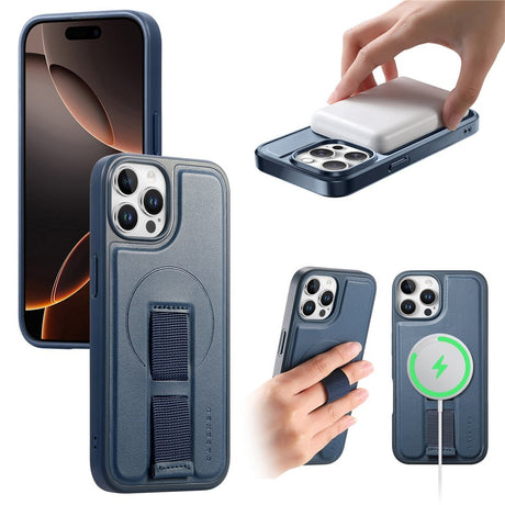 iPhone 12 / 12 Pro Hårdt Plastik Cover m. Kunstlæder Bagside & Fingerrem - MagSafe Kompatibel - Blå