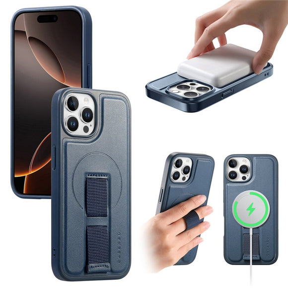 iPhone 12 / 12 Pro Hårdt Plastik Cover m. Kunstlæder Bagside & Fingerrem - MagSafe Kompatibel - Blå