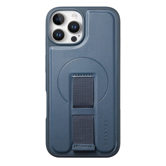 iPhone 12 / 12 Pro Hårdt Plastik Cover m. Kunstlæder Bagside & Fingerrem - MagSafe Kompatibel - Blå