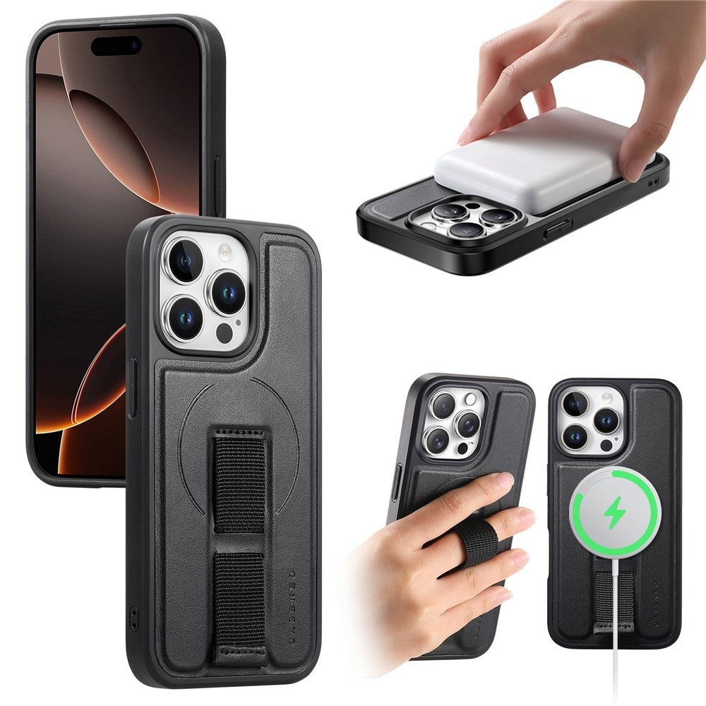iPhone 14 Pro Hårdt Plastik Cover m. Kunstlæder Bagside & Fingerrem - MagSafe Kompatibel - Sort