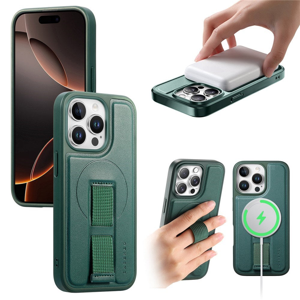 iPhone 14 Pro Hårdt Plastik Cover m. Kunstlæder Bagside & Fingerrem - MagSafe Kompatibel - Grøn