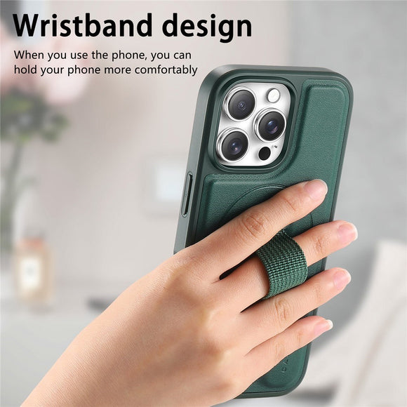 iPhone 14 Pro Hårdt Plastik Cover m. Kunstlæder Bagside & Fingerrem - MagSafe Kompatibel - Grøn