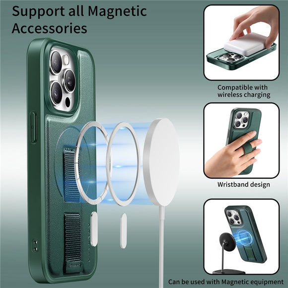 iPhone 14 Pro Hårdt Plastik Cover m. Kunstlæder Bagside & Fingerrem - MagSafe Kompatibel - Grøn