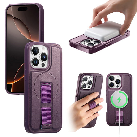 iPhone 14 Pro Hårdt Plastik Cover m. Kunstlæder Bagside & Fingerrem - MagSafe Kompatibel - Lilla