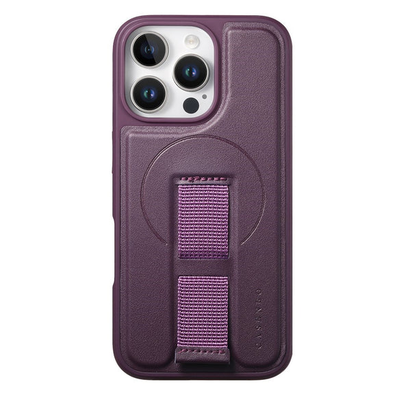 iPhone 14 Pro Hårdt Plastik Cover m. Kunstlæder Bagside & Fingerrem - MagSafe Kompatibel - Lilla