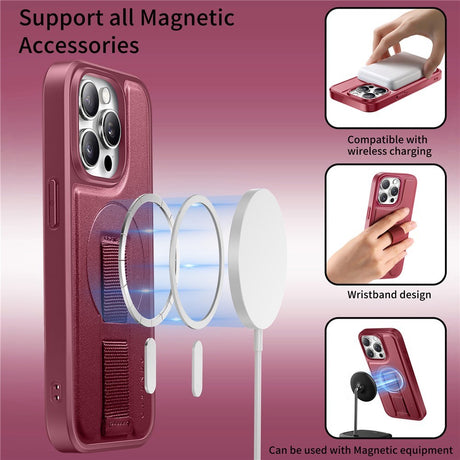 iPhone 14 Pro Hårdt Plastik Cover m. Kunstlæder Bagside & Fingerrem - MagSafe Kompatibel - Rød