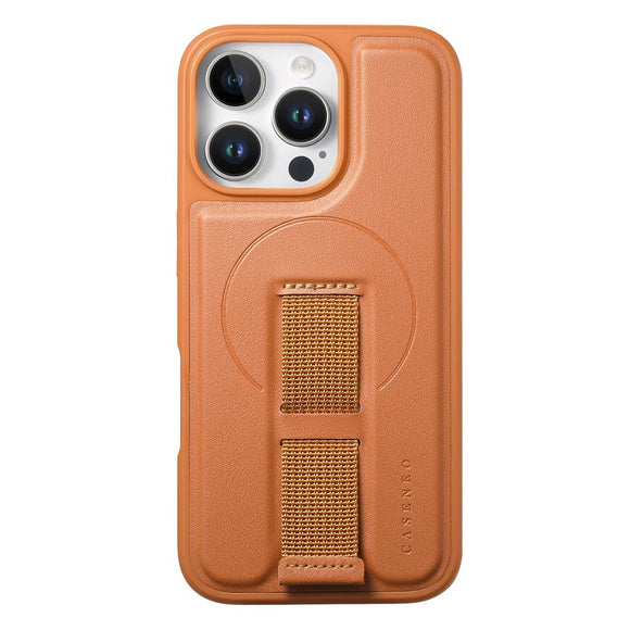 iPhone 15 Pro Hårdt Plastik Cover m. Kunstlæder Bagside & Fingerrem - MagSafe Kompatibel - Brun
