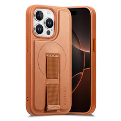 iPhone 15 Pro Hårdt Plastik Cover m. Kunstlæder Bagside & Fingerrem - MagSafe Kompatibel - Brun