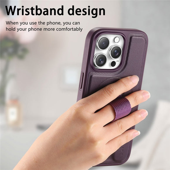 iPhone 15 Pro Hårdt Plastik Cover m. Kunstlæder Bagside & Fingerrem - MagSafe Kompatibel - Lilla