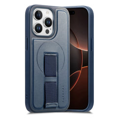 iPhone 15 Pro Hårdt Plastik Cover m. Kunstlæder Bagside & Fingerrem - MagSafe Kompatibel - Blå