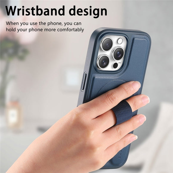 iPhone 15 Pro Hårdt Plastik Cover m. Kunstlæder Bagside & Fingerrem - MagSafe Kompatibel - Blå