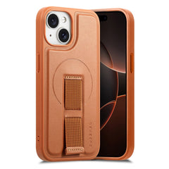 iPhone 15 Hårdt Plastik Cover m. Kunstlæder Bagside & Fingerrem - MagSafe Kompatibel - Brun