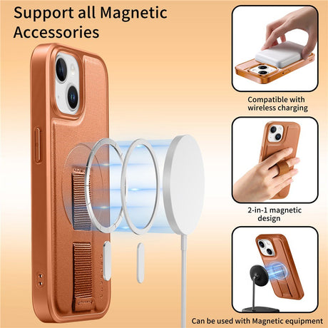iPhone 15 Hårdt Plastik Cover m. Kunstlæder Bagside & Fingerrem - MagSafe Kompatibel - Brun