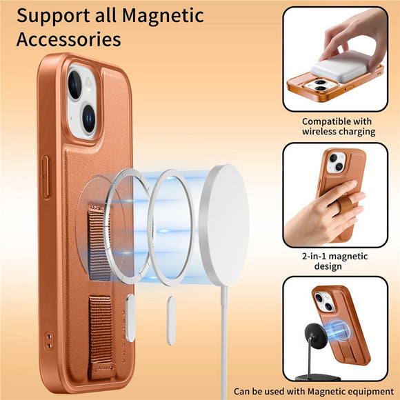 iPhone 15 Hårdt Plastik Cover m. Kunstlæder Bagside & Fingerrem - MagSafe Kompatibel - Brun