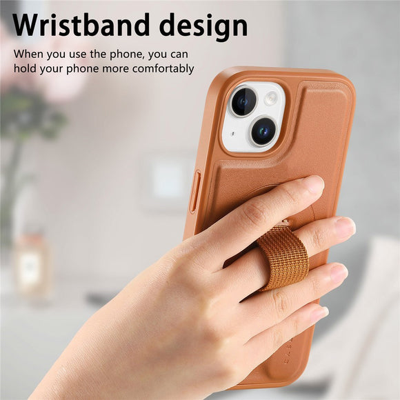 iPhone 15 Hårdt Plastik Cover m. Kunstlæder Bagside & Fingerrem - MagSafe Kompatibel - Brun