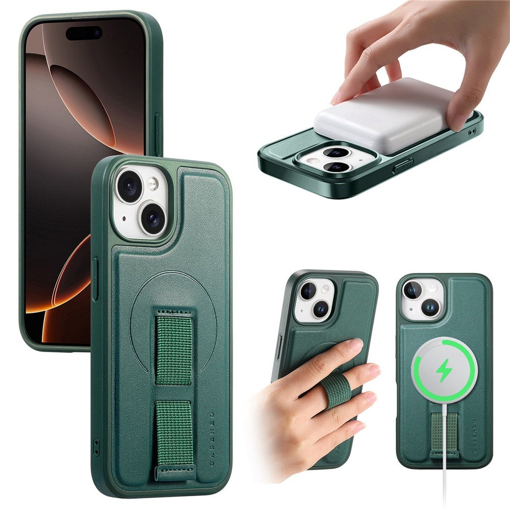 iPhone 15 Hårdt Plastik Cover m. Kunstlæder Bagside & Fingerrem - MagSafe Kompatibel - Grøn