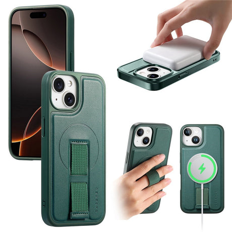 iPhone 15 Hårdt Plastik Cover m. Kunstlæder Bagside & Fingerrem - MagSafe Kompatibel - Grøn